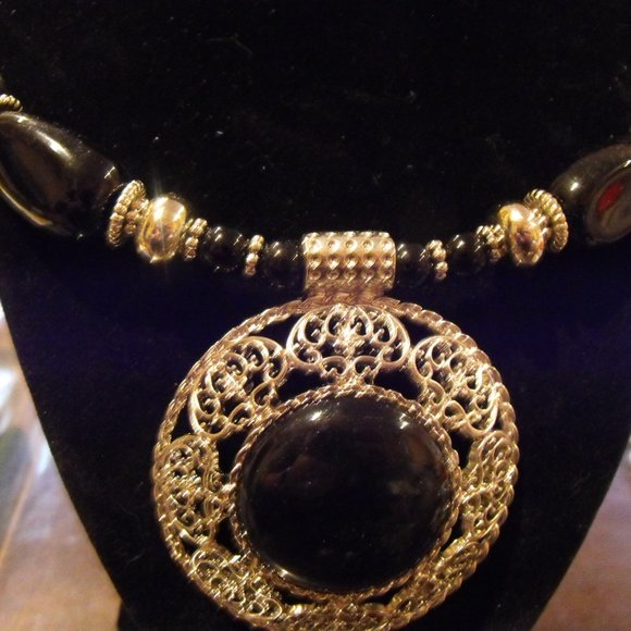 C1946 Silver and Black Necklace with Black Beads - Picture 2 of 6